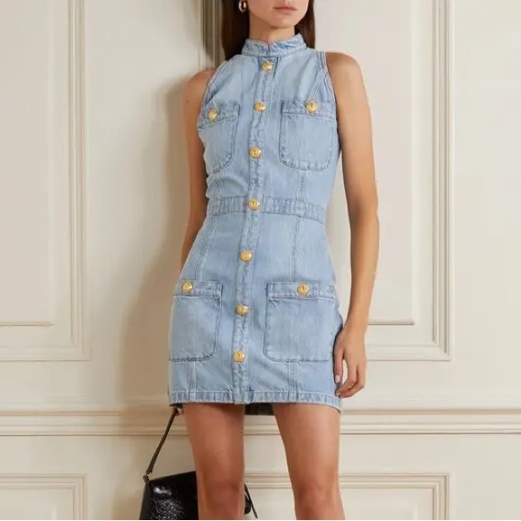 BALMAIN Button-Embellished Denim Mini Dress in Blue